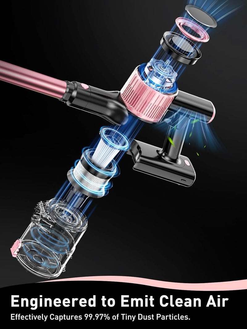 VICEASE مكنسة كهربائية لاسلكية، 8 في 1، شفط قوي، مكنسة خفيفة الوزن للمنزل، شاشة LED، 3 أوضاع شفط، بطارية قابلة للفصل لمدة 45 دقيقة، مكنسة للأرضيات الصلبة والسجاد وشعر الحيوانات الأليفة، وردي - Image 5